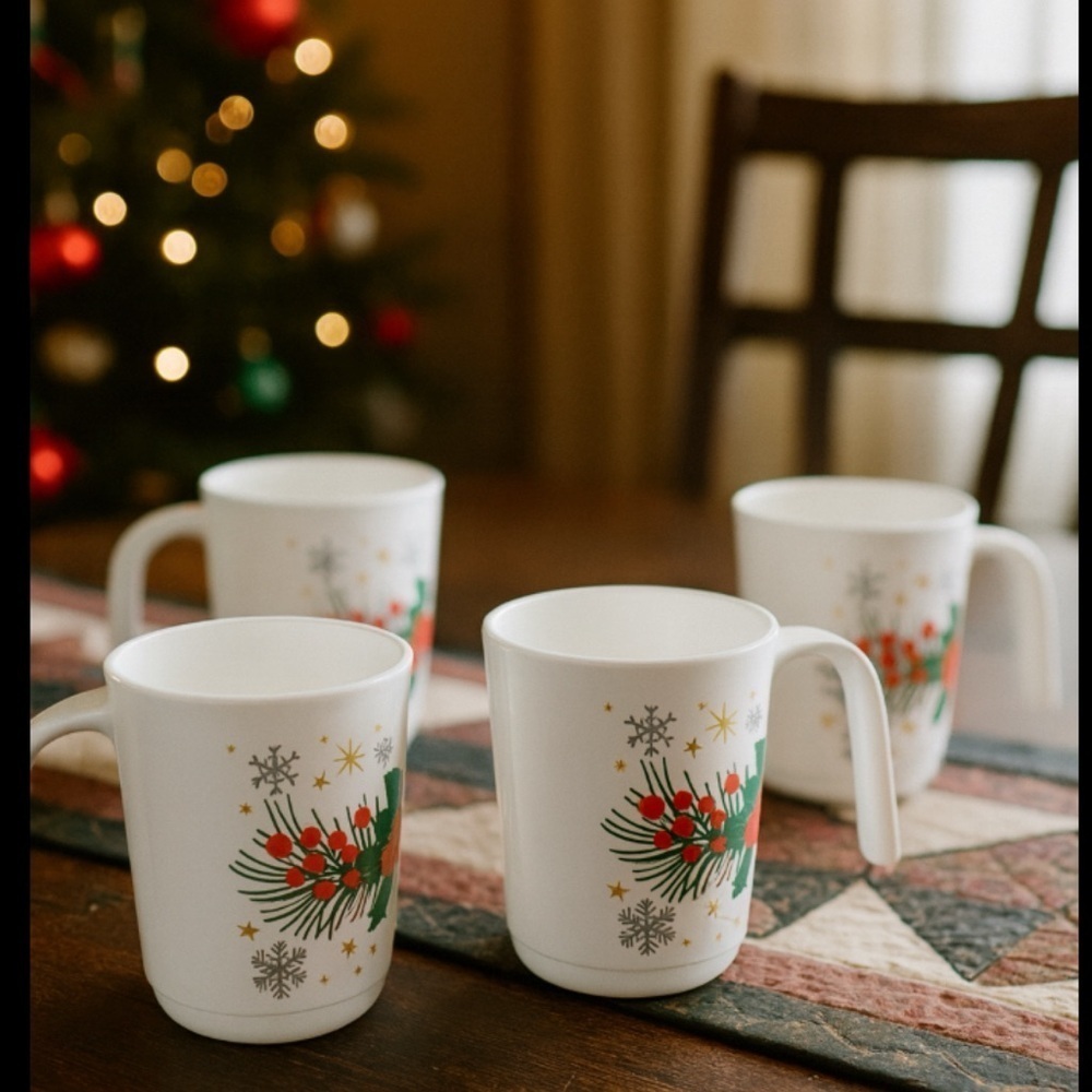 4 Tupperware Ilumina Poinsettia Festive Holiday Stackable Mugs Red White 350ml